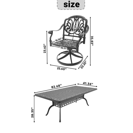 9-Piece All-Weather Cast Aluminum Dining Set, Include 8 Swivel Chairs and Rectangular Table With Black Frame Default -DTYStore