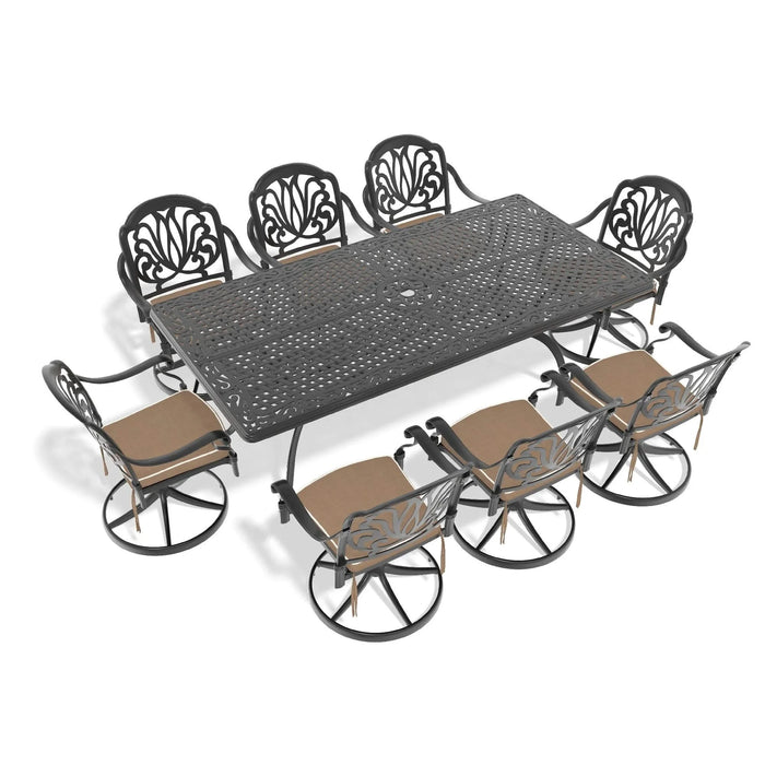 9-Piece All-Weather Cast Aluminum Dining Set, Include 8 Swivel Chairs and Rectangular Table With Black Frame Default -DTYStore