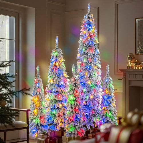 8FT, 6FT, 4FT x 3 Pre-Lit Pencil Christmas Trees, 5-set Slim Artificial Christmas Tree With Snow Flocking, Xmas Holiday Decoration Tree, 1820 Branch Tips, 350 LED Lights with 11 Lighting Modes - Image 4
