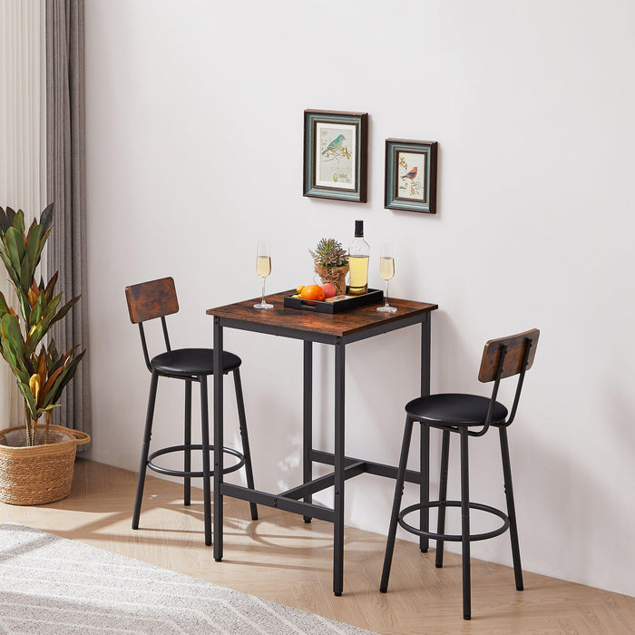 Bar Table Set with 2 Bar stools PU Soft seat with backrest, Rustic Brown, 23.62'' W x 23.62'' D x 35.43'' H - DTYStore