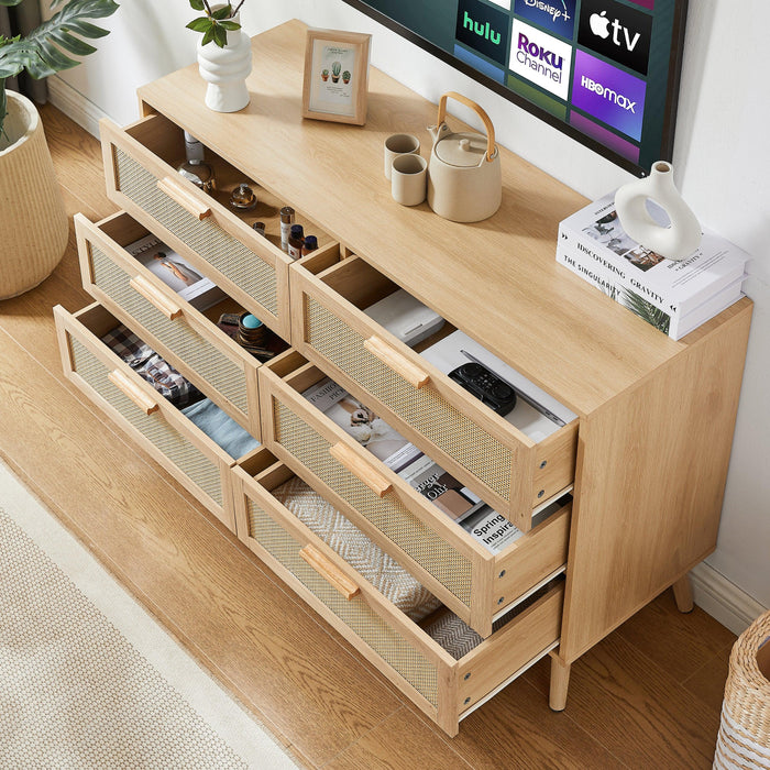 Bedroom dresser, 6 Double Dresser with rattan drawers, wood chest of drawers for kids room, living room, entry and hallway, Natural, 47.2'' W x 15.8'' D x 30'' H. - DTYStore