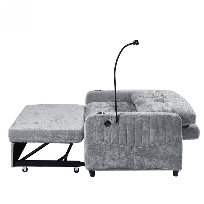 53.9" Modern Loveseat Pull-out Sofa Bed with Adjustable Backrest, Two Cup Holders , a Phone Holder, Three Charging Ports and Side Storage Pockets for Living Room, Grey - DTYStore