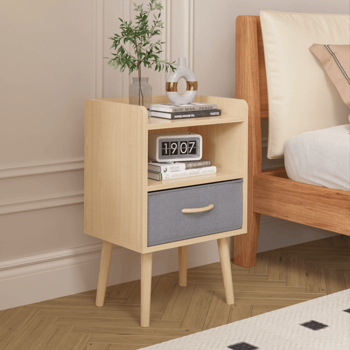 Nightstand With Collapsible Fabric Drawer, 2-Tier Storage End Table, Wood Side Table with Storage Cabinet or Kids, Adults - Oak - DTYStore