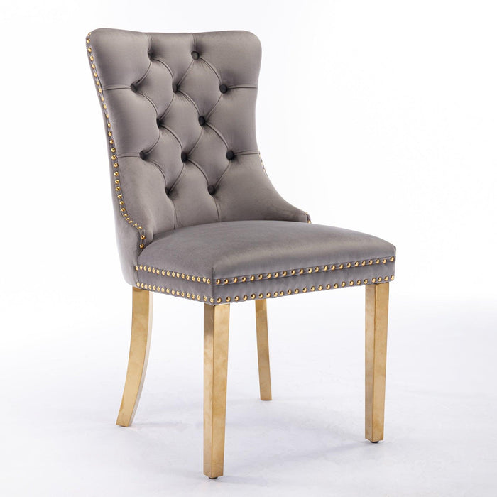 Nikki Collection Modern, High-end Tufted Solid Wood Contemporary Velvet Upholstered Dining Chair with Golden Stainless Steel Plating Legs,Nailhead Trim,Set of 2,Gray and Gold - DTYStore