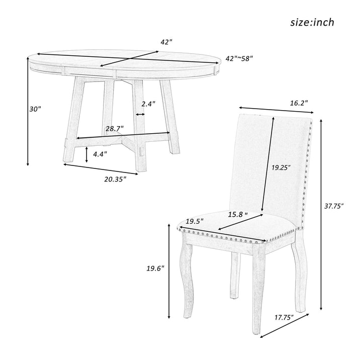 5-Piece Farmhouse Dining Table Set Wood Round Extendable Table and 4 Upholstered Chairs