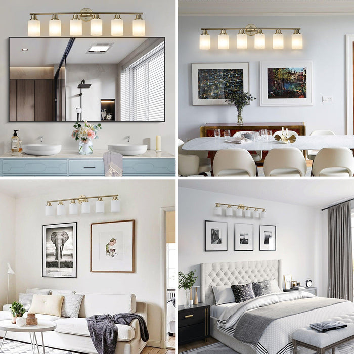 6-Light Golden Bathroom Vanity Light Fixture, Frosted Glass Shades, Modern Wall Mounted Lighting (No Bulbs) - DTYStore