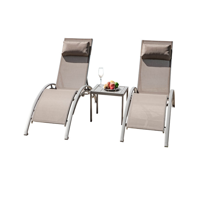 Pool Lounge Chairs Set of 3, Adjustable Aluminum Outdoor Chaise Lounge Chairs with Metal Side Table, All Weather for Deck Lawn Poolside Backyard (Khaiki, 2 Lounge Chair+1 Table) - DTYStore