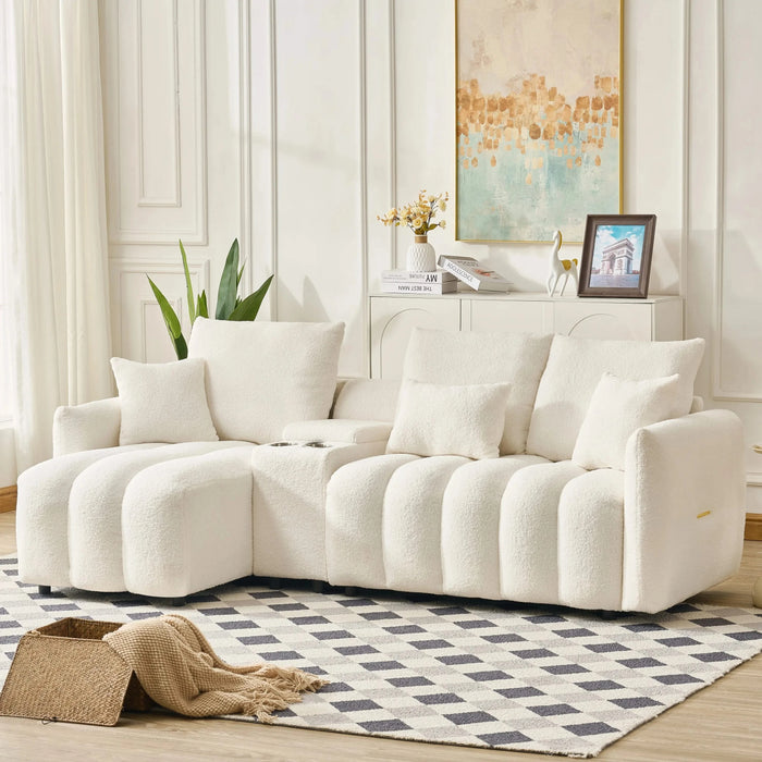 92-inch high-quality teddy fur fabric corner sofa, with USB port, center console and coffee table. A super large cushioned sofa, suitable for grand living rooms, apartments and offices. Default -DTYStore