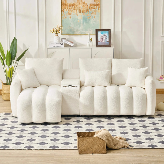 92-inch high-quality teddy fur fabric corner sofa, with USB port, center console and coffee table. A super large cushioned sofa, suitable for grand living rooms, apartments and offices. Default -DTYStore