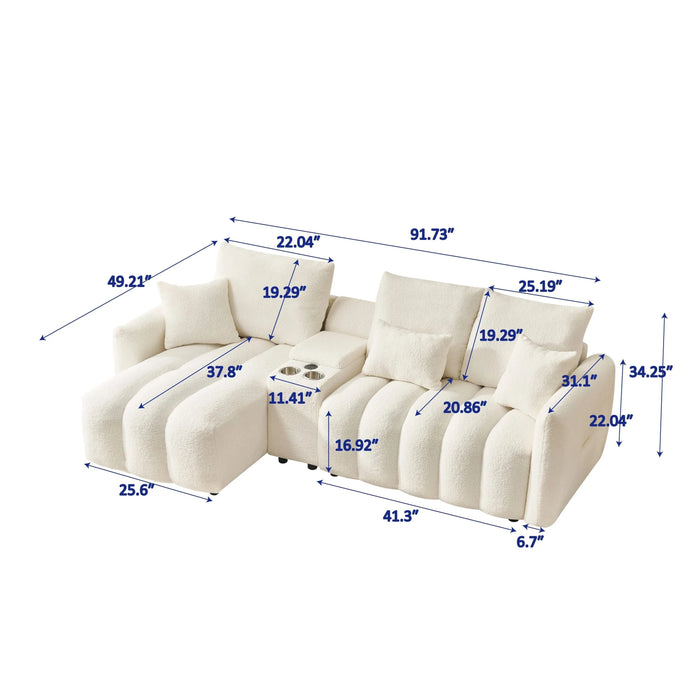 92-inch high-quality teddy fur fabric corner sofa, with USB port, center console and coffee table. A super large cushioned sofa, suitable for grand living rooms, apartments and offices. Default -DTYStore