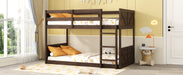 Twin over Twin Floor Bunk Bed with Panelled Headboard and Footboard, Solid Rubber Wood Foundation with Safety Guardrails, Built-in ladder,Antique Oak - DTYStore