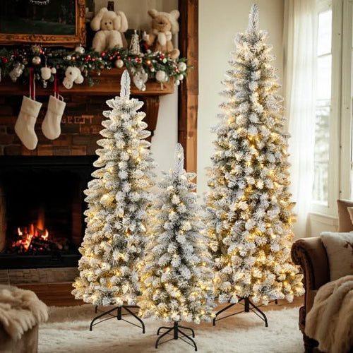 3 Pcs Flocked Artificial Christmas Tree Set with Lights, 4ft 5ft 6ft Christmas Snow Tree Set, Christmas Decor - Image 27