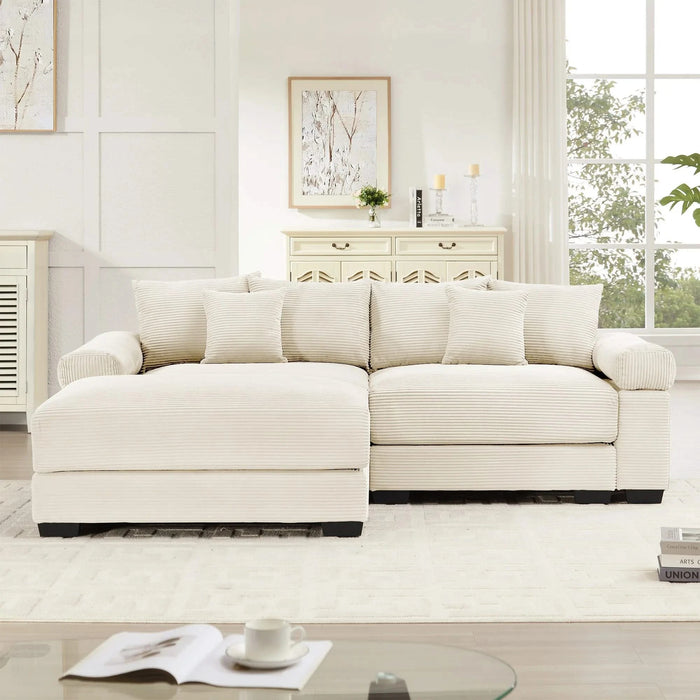 92' Oversized Cloud Modular L-Shape Sectional Couch,Soft Corduroy Fabric,with Chaise,Deep Seat Wide Armrests,Ergonomic Design,6 Throw Pillows,Easy Assembly,For Living Rooms,Lounges,Cream Default -DTYStore