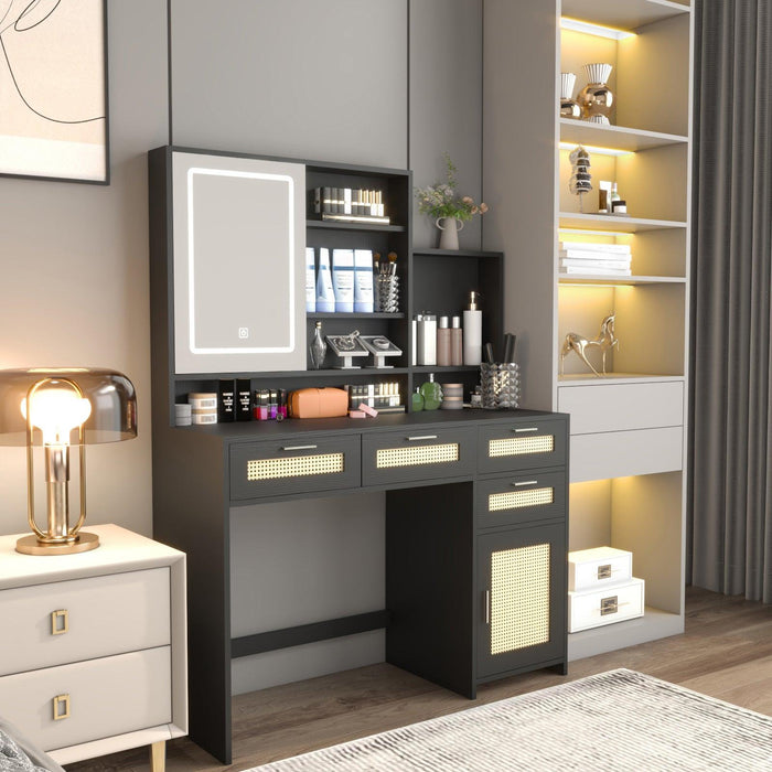 Makeup Vanity with Lights in 3 Colors & Openable Mirror, Vanity Desk with 4 Drawers & 1 Cabinets & Shelves, Vanity Table Rattan Vanity Dresser, for Bedroom - DTYStore