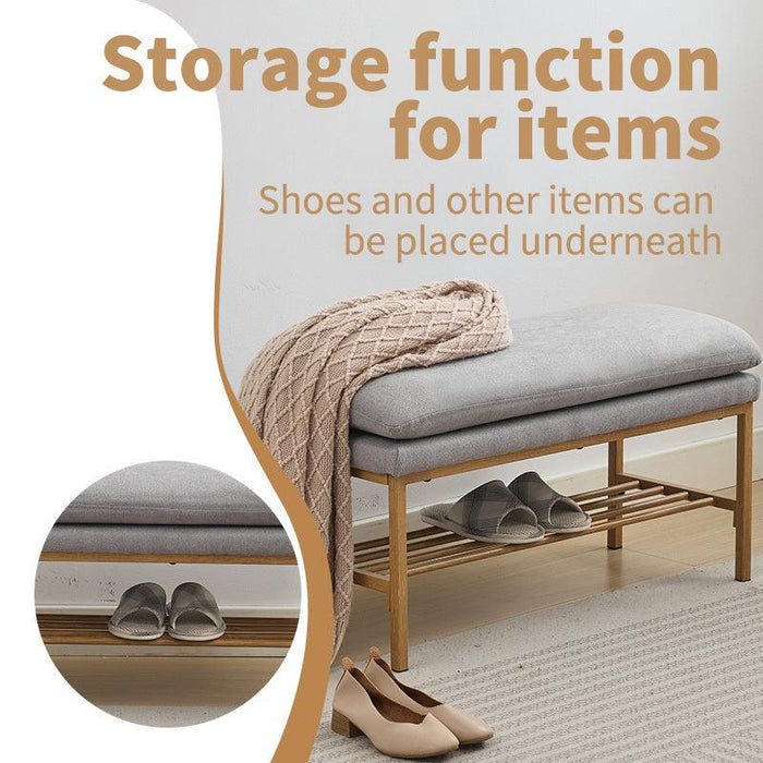 End of Bed Bench with Shelf, Linen Upholstered Storage Shoe Bench, Modern Bedroom Bench with Metal Legs for Living Room, Entryway, Dining Room, 300 LB, Linen Color(Gray) - DTYStore