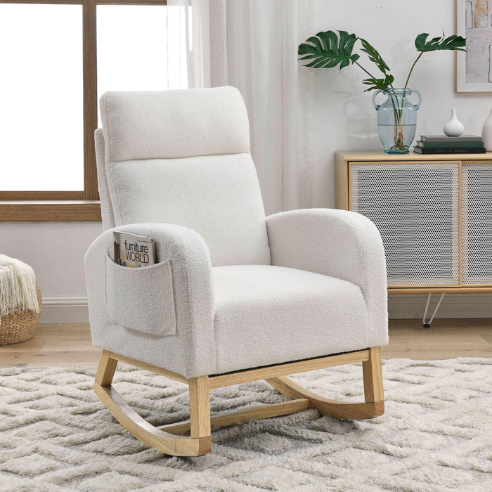 27.6"W Modern Accent High Backrest Living Room Lounge Arm Rocking Chair, Two Side Pocket ,Teddy White (Ivory) - DTYStore