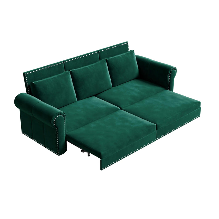93.7 ' King Pull Out Sofa Bed, 3-in-1 Velvet Convertible Sleeper Sofa with Nailhead Trim & Rolled Arm, Multi-Functional Sofa Bed for Living Room,Bedroom,Apartment,Office,Green Default -DTYStore