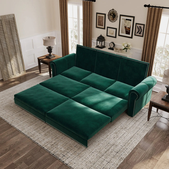 93.7 ' King Pull Out Sofa Bed, 3-in-1 Velvet Convertible Sleeper Sofa with Nailhead Trim & Rolled Arm, Multi-Functional Sofa Bed for Living Room,Bedroom,Apartment,Office,Green Default -DTYStore