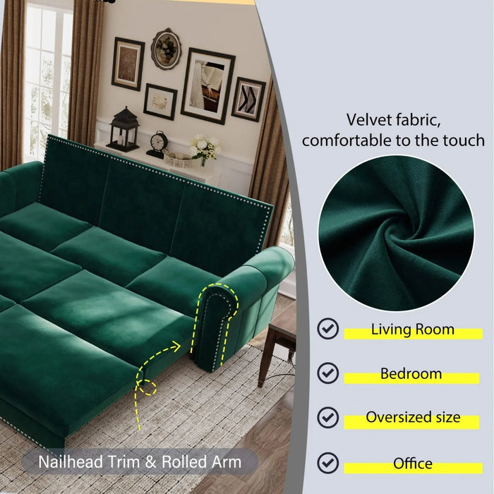 93.7 ' King Pull Out Sofa Bed, 3-in-1 Velvet Convertible Sleeper Sofa with Nailhead Trim & Rolled Arm, Multi-Functional Sofa Bed for Living Room,Bedroom,Apartment,Office,Green Default -DTYStore
