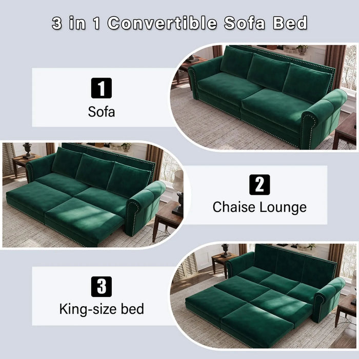 93.7 ' King Pull Out Sofa Bed, 3-in-1 Velvet Convertible Sleeper Sofa with Nailhead Trim & Rolled Arm, Multi-Functional Sofa Bed for Living Room,Bedroom,Apartment,Office,Green Default -DTYStore