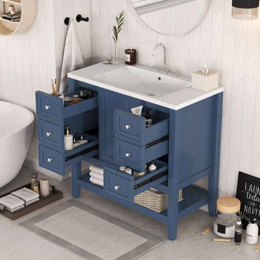 36' Bathroom Vanity with Sink, One Cabinet and Three Drawers, Solid Wood and MDF Board, Blue (Old Sku:SY999505AAC-6)