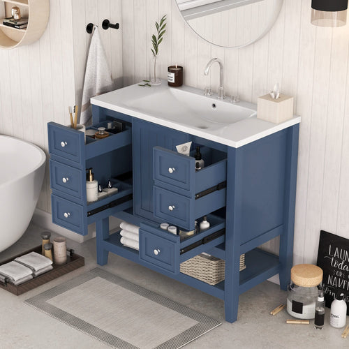 36' Bathroom Vanity with Sink, One Cabinet and Three Drawers, Solid Wood and MDF Board, Blue (Old Sku:SY999505AAC-6) - Image 1