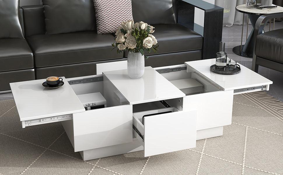 Coffee Table with 2 large Hidden Storage Compartment, Extendable Cocktail Table with 2 Drawers, High-gloss Center Table with Sliding Top for Living Room, 39.3"x21.6", White - DTYStore