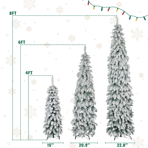 8FT, 6FT, 4FT Pre-Lit Pencil Christmas Trees, 3-set Slim Artificial Christmas Tree With Snow Flocking, Xmas Holiday Decoration Tree, 1455 Branch Tips, 520 LED Lights, 11 Lighting Modes - Image 6
