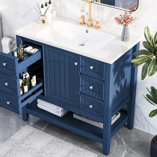 36' Bathroom Vanity with Sink, One Cabinet and Three Drawers, Solid Wood and MDF Board, Blue (Old Sku:SY999505AAC-6) - Image 37