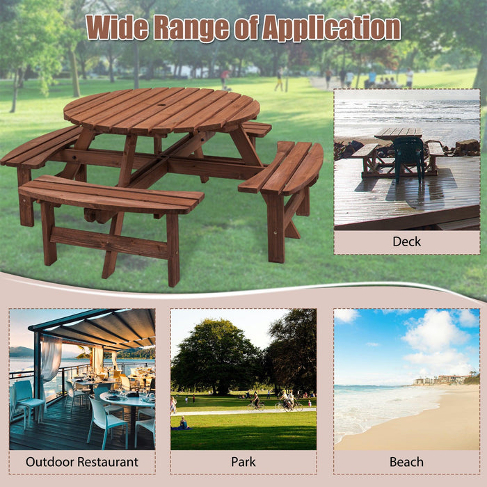 8 Person Wooden Picnic Table, Outdoor Camping Dining Table with Seat, Garden, DIY w/ 4 Built-in Benches, 2220lb Capacity - DTYStore
