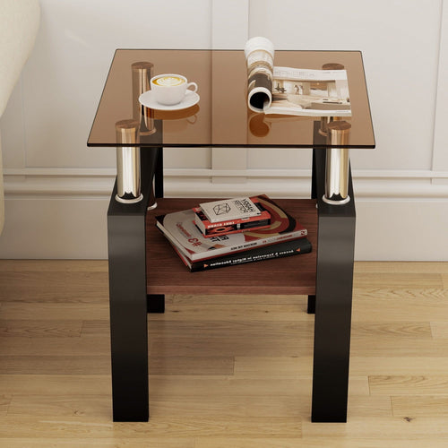 Set of 2 Modern Tempered Glass Tea Table ,Tempered Glass Tabletop with MDF Layer,Coffee Table,End Table, Square Table for Living Room, Brown/black - Image 8