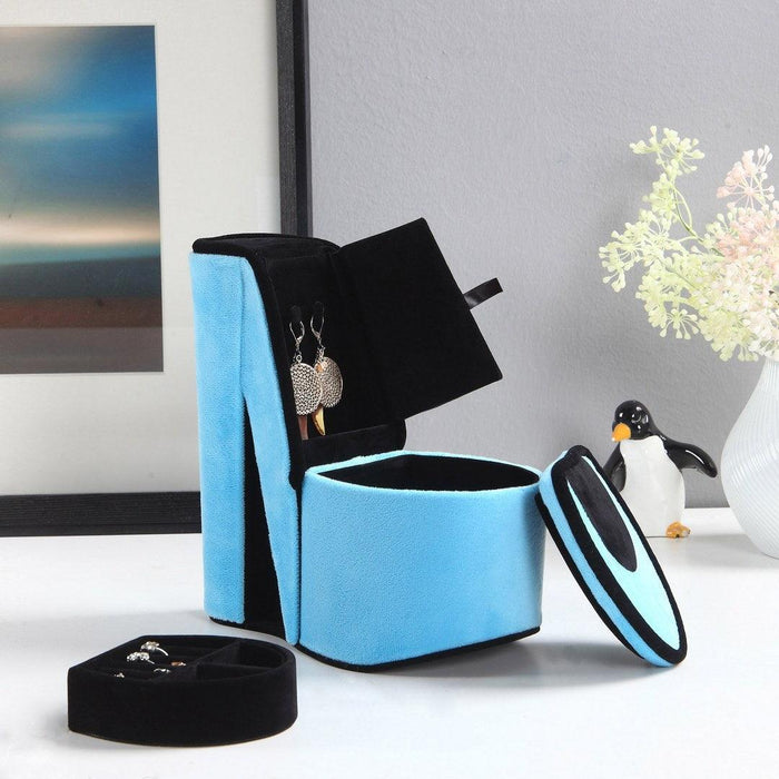 9" Tall Display Jewelry Box with Hidden Storage, High Heel Shoe Design, Turquoise Velvet - DTYStore