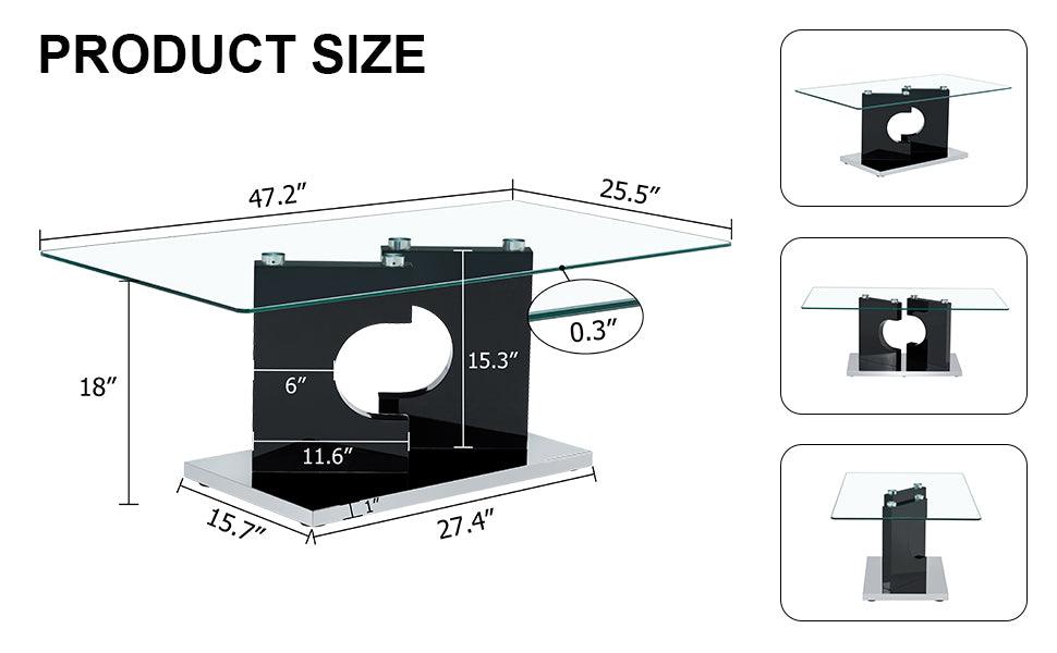 A rectangular modern and fashionable coffee table with tempered glass tabletop and black MDF legs. Suitable for living room.47.2"*25.5"*18"