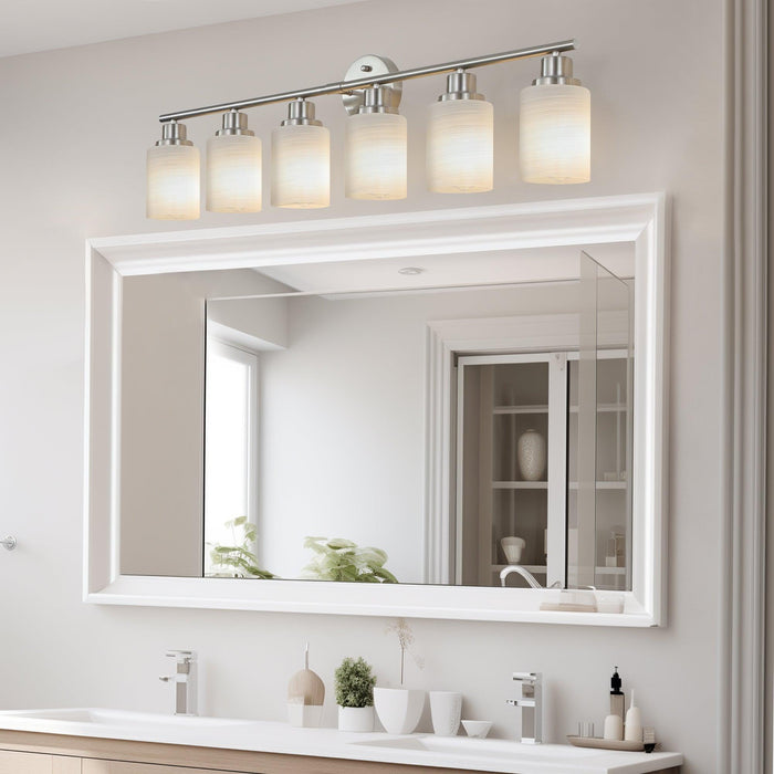 Modern 6-Light Vanity Wall Sconce, Brushed Nickel Finish with Frosted Glass Shades for Bathroom or Hallway Lighting (No Bulbs) - DTYStore