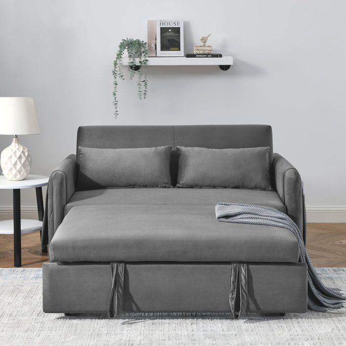 55" Modern Convertible Sofa Bed with 2 Detachable Arm Pockets, Velvet Loveseat Sofa with Pull Out Bed, 2 Pillows and Living Room Adjustable Backrest, Grid Design Armrests - DTYStore