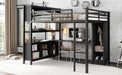 Metal Loft Bed with Wardrobe And L-shaped Desk, Queen Size Loft Bed with Storage Cubes and Shelves, Heavy Duty Loft Bed for Kids Teens Adults, Black - DTYStore