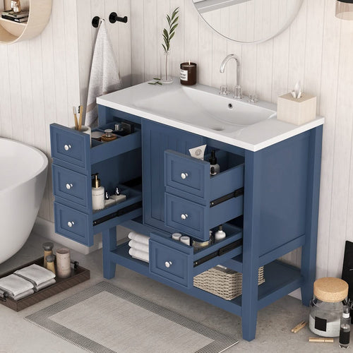 36' Bathroom Vanity with Sink, One Cabinet and Three Drawers, Solid Wood and MDF Board, Blue (Old Sku:SY999505AAC-6) - Image 38