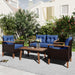 GO 4-Piece Garden Furniture, Patio Seating Set, PE Rattan Outdoor Sofa Set, Wood Table and Legs, Brown and Blue - DTYStore