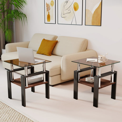 Set of 2 Modern Tempered Glass Tea Table ,Tempered Glass Tabletop with MDF Layer,Coffee Table,End Table, Square Table for Living Room, Brown/black