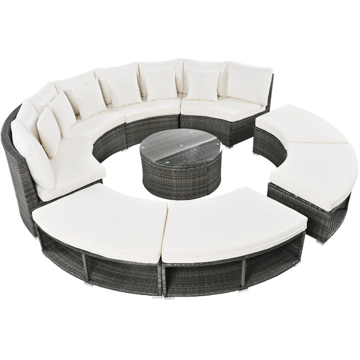 Outdoor Patio Furniture Luxury Circular Outdoor Sofa Set Rattan Wicker Sectional Sofa Lounge Set with Tempered Glass Coffee Table, 6 Pillows,Beige