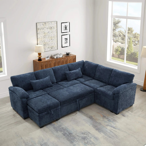 97 Inch L-Shaped Corner Sectional Sofa Couch with Seat and Storage Ottoman,Chenille Fabric Corner Couch with 7 Seats & 2 Pillows for Living Room, Dark Blue Default -DTYStore