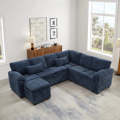 97 Inch L-Shaped Corner Sectional Sofa Couch with Seat and Storage Ottoman,Chenille Fabric Corner Couch with 7 Seats & 2 Pillows for Living Room, Dark Blue Default -DTYStore