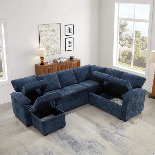 97 Inch L-Shaped Corner Sectional Sofa Couch with Seat and Storage Ottoman,Chenille Fabric Corner Couch with 7 Seats & 2 Pillows for Living Room, Dark Blue Default -DTYStore