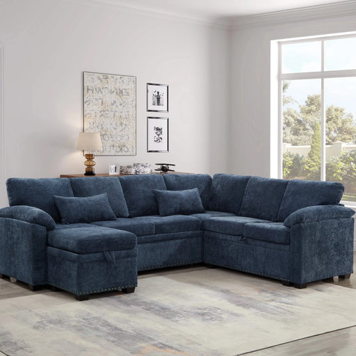 97 Inch L-Shaped Corner Sectional Sofa Couch with Seat and Storage Ottoman,Chenille Fabric Corner Couch with 7 Seats & 2 Pillows for Living Room, Dark Blue Default -DTYStore