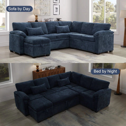 97 Inch L-Shaped Corner Sectional Sofa Couch with Seat and Storage Ottoman,Chenille Fabric Corner Couch with 7 Seats & 2 Pillows for Living Room, Dark Blue Default -DTYStore