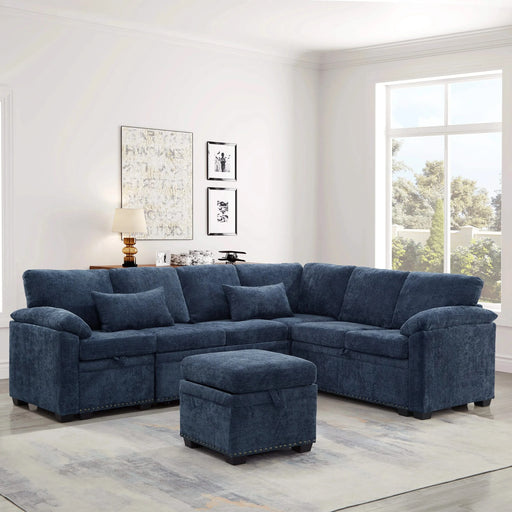 97 Inch L-Shaped Corner Sectional Sofa Couch with Seat and Storage Ottoman,Chenille Fabric Corner Couch with 7 Seats & 2 Pillows for Living Room, Dark Blue Default -DTYStore