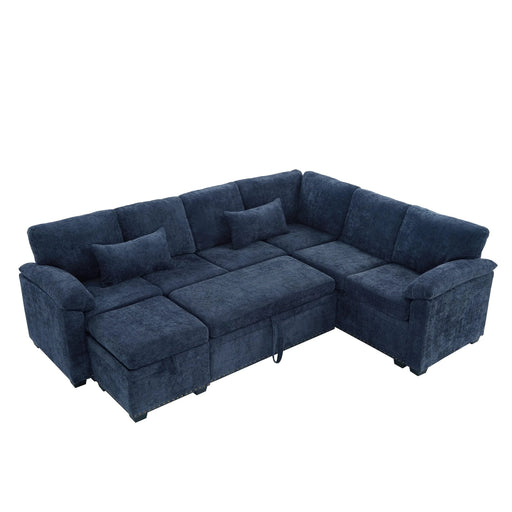 97 Inch L-Shaped Corner Sectional Sofa Couch with Seat and Storage Ottoman,Chenille Fabric Corner Couch with 7 Seats & 2 Pillows for Living Room, Dark Blue Default -DTYStore