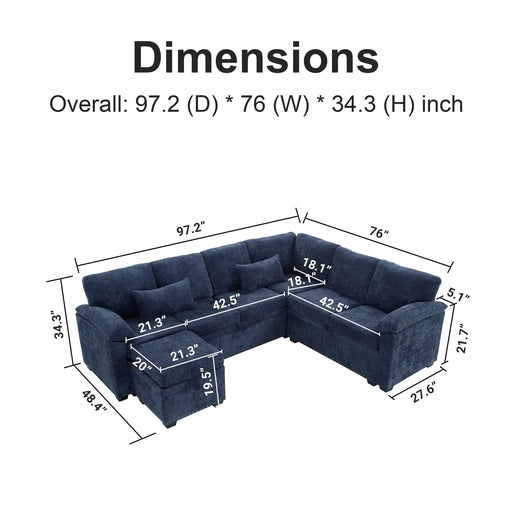 97 Inch L-Shaped Corner Sectional Sofa Couch with Seat and Storage Ottoman,Chenille Fabric Corner Couch with 7 Seats & 2 Pillows for Living Room, Dark Blue Default -DTYStore