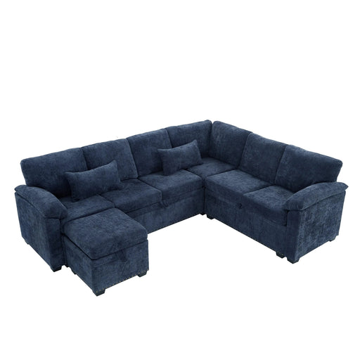 97 Inch L-Shaped Corner Sectional Sofa Couch with Seat and Storage Ottoman,Chenille Fabric Corner Couch with 7 Seats & 2 Pillows for Living Room, Dark Blue Default -DTYStore