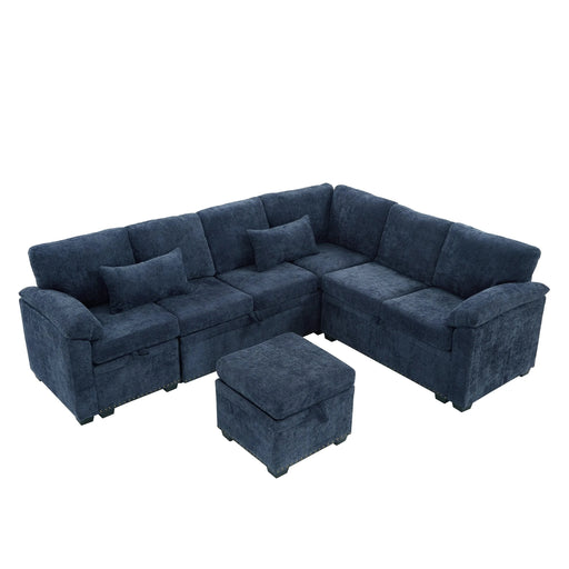 97 Inch L-Shaped Corner Sectional Sofa Couch with Seat and Storage Ottoman,Chenille Fabric Corner Couch with 7 Seats & 2 Pillows for Living Room, Dark Blue Default -DTYStore